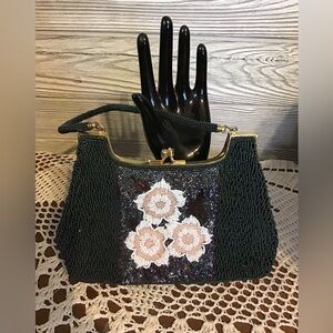 Elegant Black Beaded Handbag with Floral Design